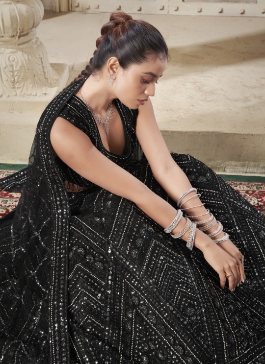 Blossom Black Premium Net with Heavy Zarkan & Sequin Work Women in Black 15002 Blossom Black Premium Net with Heavy Zarkan & Sequin Work Women in Black 15002