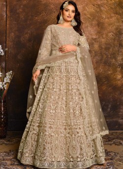 1902 Cream Net Embroidered Semi-Stitched Anarkali Suit