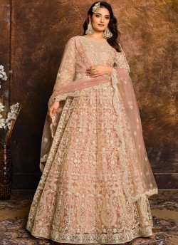1904 Peach Net Embroidered Semi-Stitched Anarkali Suit