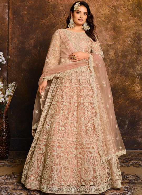 1904 Peach Net Embroidered Semi-Stitched Anarkali Suit 1904 Peach Net Embroidered Semi-Stitched Anarkali Suit