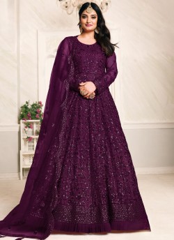2103 Wine Net Embroidered Semi-Stitched Anarkali Suit