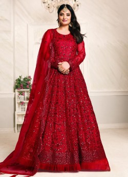 2104 Red Net Embroidered Semi-Stitched Anarkali Suit