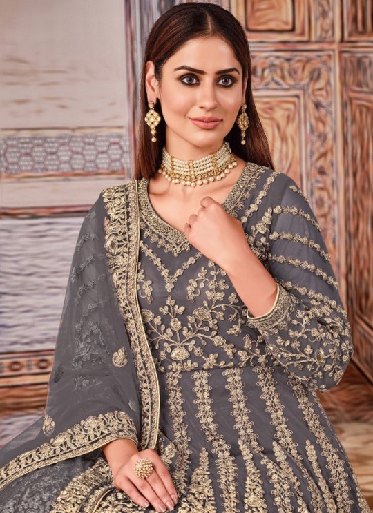 2702 Grey Net Embroidered Semi-Stitched Anarkali Suit