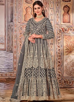 2702 Grey Net Embroidered Semi-Stitched Anarkali Suit