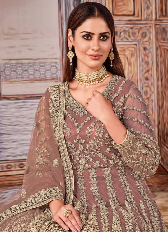 2703 Light Brown Net Embroidered Semi-Stitched Anarkali Suit 2703 Light Brown Net Embroidered Semi-Stitched Anarkali Suit