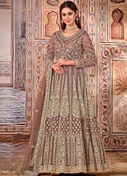 2703 Light Brown Net Embroidered Semi-Stitched Anarkali Suit