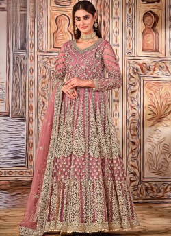 2704 Pink Net Embroidered Semi-Stitched Anarkali Suit