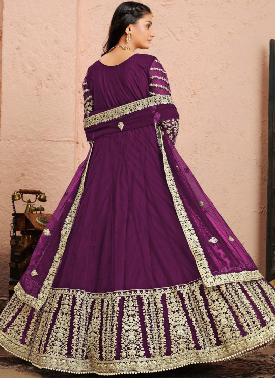 3002 Purple Net Embroidered Semi-Stitched Anarkali Suit