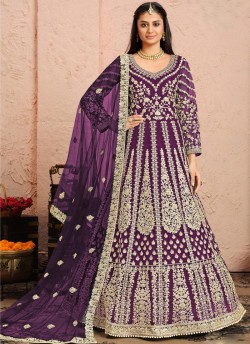 3002 Purple Net Embroidered Semi-Stitched Anarkali Suit