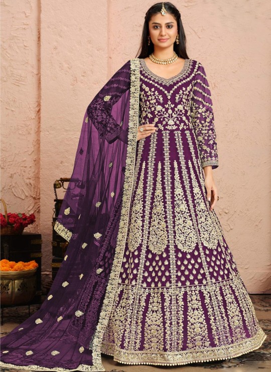 3002 Purple Net Embroidered Semi-Stitched Anarkali Suit