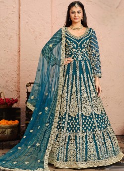 3003 Sea Green Net Embroidered Semi-Stitched Anarkali Suit