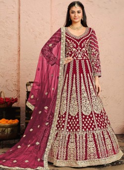 3004 Rani Pink Net Embroidered Semi-Stitched Anarkali Suit