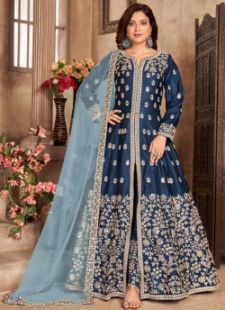 3303 Navy Blue Art Silk Embroidered Semi-Stitched Anarkali Suit