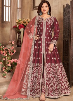 3304 Maroon Art Silk Embroidered Semi-Stitched Anarkali Suit