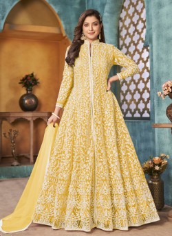 3902 Yellow Net Embroidered Semi-Stitched Anarkali Suit