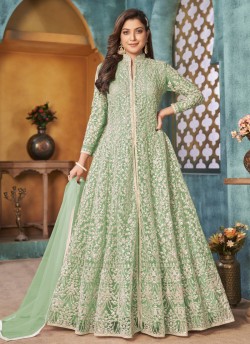 3903 Sea Green Net Embroidered Semi-Stitched Anarkali Suit