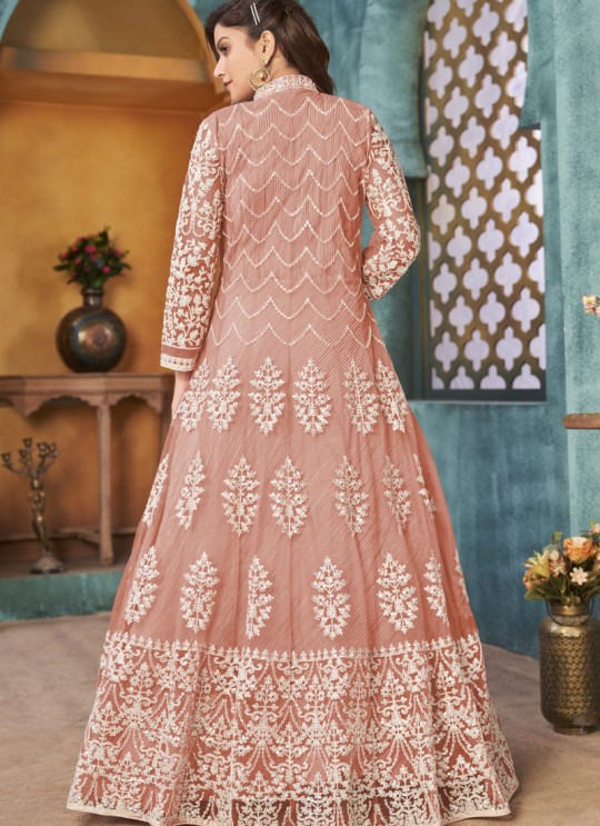 3904 Peach Net Embroidered Semi-Stitched Anarkali Suit 3904 Peach Net Embroidered Semi-Stitched Anarkali Suit