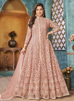 3904 Peach Net Embroidered Semi-Stitched Anarkali Suit