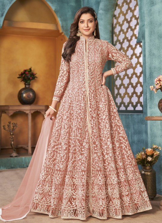 3904 Peach Net Embroidered Semi-Stitched Anarkali Suit 3904 Peach Net Embroidered Semi-Stitched Anarkali Suit