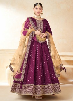 5202 Rani Pink Tafeta Butti Silk Embroidered Semi-Stitched Anarkali Suit