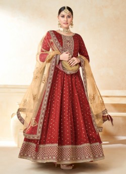 5204 Red Tafeta Butti Silk Embroidered Semi-Stitched Anarkali Suit