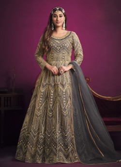 5603 Grey Net Embroidered Semi-Stitched Anarkali Suit