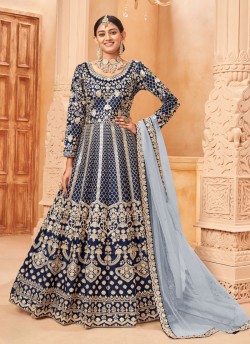5703 Blue Art Silk Embroidered Semi-Stitched Anarkali Suit