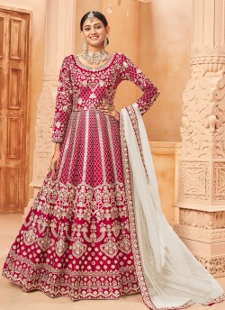5704 Rani Pink Art Silk Embroidered Semi-Stitched Anarkali Suit