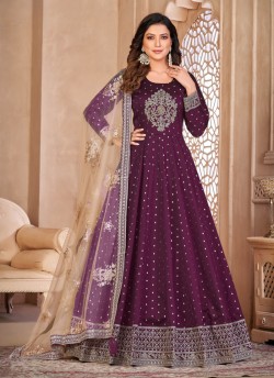 6602 Wine Tafeta Butti Silk Embroidered Semi-Stitched Anarkali Suit
