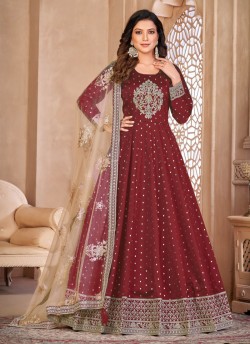 6604 Red Tafeta Butti Silk Embroidered Semi-Stitched Anarkali Suit