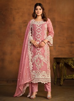 7004 Peach Organza Embroidered Semi-Stitched Salwar Kameez