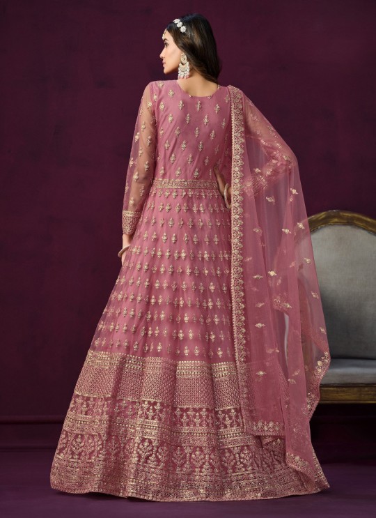 7101 Pink Net Embroidered Semi-Stitched Anarkali Suit