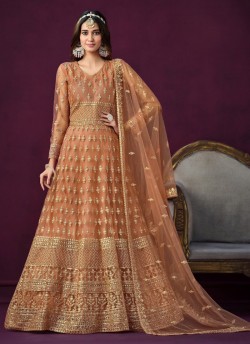 7104 Peach Net Embroidered Semi-Stitched Anarkali Suit