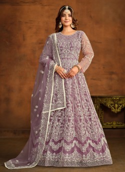 7202 Lavender Net Embroidered Semi-Stitched Anarkali Suit