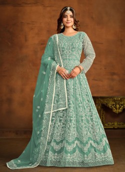 7203 Sea-Green Net Embroidered Semi-Stitched Anarkali Suit
