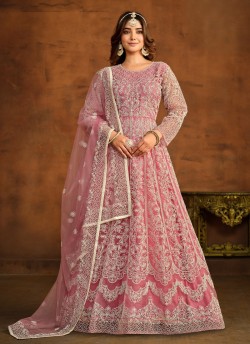 7204 Peach Net Embroidered Semi-Stitched Anarkali Suit