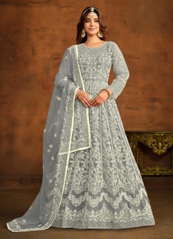 7205 Grey Net Embroidered Semi-Stitched Anarkali Suit