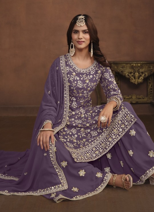 7402 Lavender Faux Georgette Embroidered Semi-Stitched Palazzo Suit 7402 Lavender Faux Georgette Embroidered Semi-Stitched Palazzo Suit