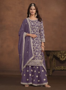 7402 Lavender Faux Georgette Embroidered Semi-Stitched Palazzo Suit