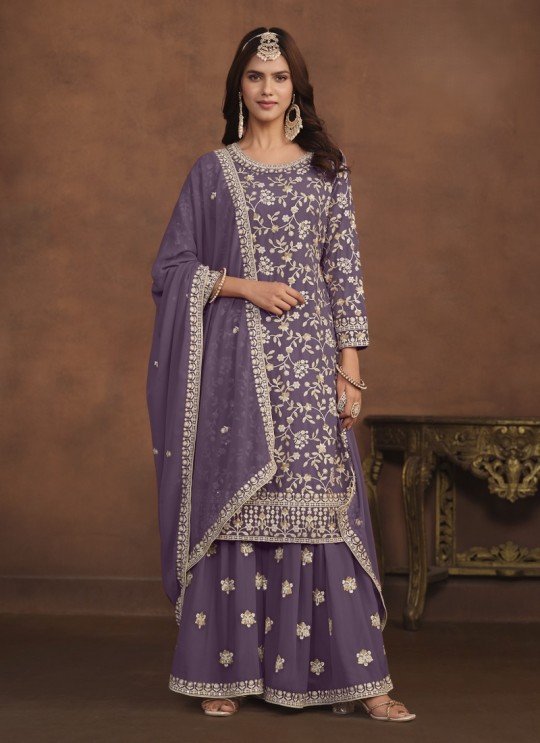 7402 Lavender Faux Georgette Embroidered Semi-Stitched Palazzo Suit 7402 Lavender Faux Georgette Embroidered Semi-Stitched Palazzo Suit