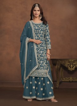 7403 Teal Blue Faux Georgette Embroidered Semi-Stitched Palazzo Suit