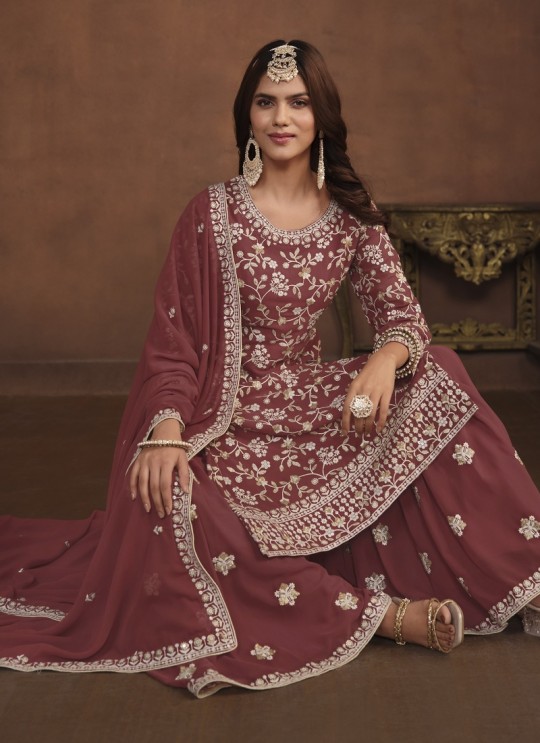 7404 Brown Faux Georgette Embroidered Semi-Stitched Palazzo Suit