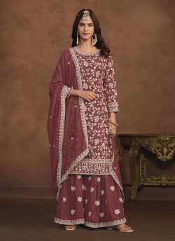 7404 Brown Faux Georgette Embroidered Semi-Stitched Palazzo Suit