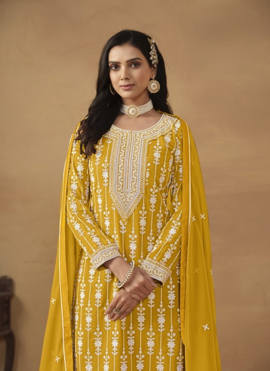 7601 Mustard Faux Georgette Embroidered Semi-Stitched Palazzo Suit