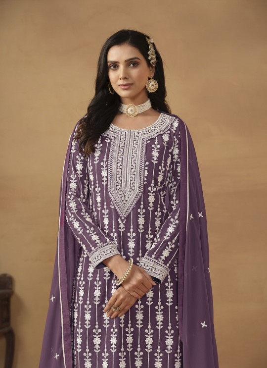 7602 Lavender Faux Georgette Embroidered Semi-Stitched Palazzo Suit