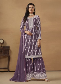 7602 Lavender Faux Georgette Embroidered Semi-Stitched Palazzo Suit