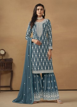 7603 Teal Blue Faux Georgette Embroidered Semi-Stitched Palazzo Suit