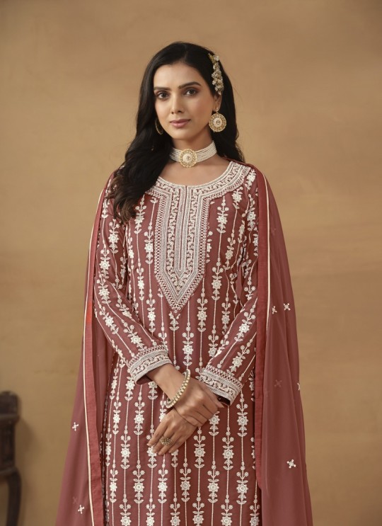 7604 Brown Faux Georgette Embroidered Semi-Stitched Palazzo Suit