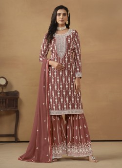 7604 Brown Faux Georgette Embroidered Semi-Stitched Palazzo Suit