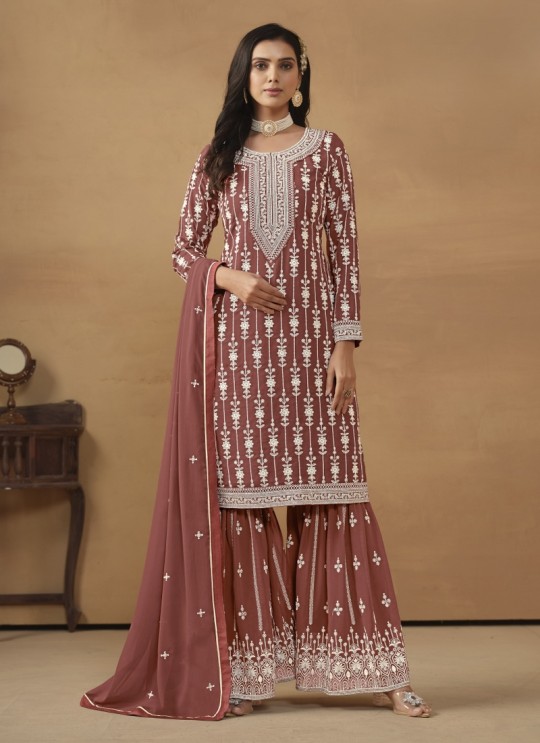 7604 Brown Faux Georgette Embroidered Semi-Stitched Palazzo Suit